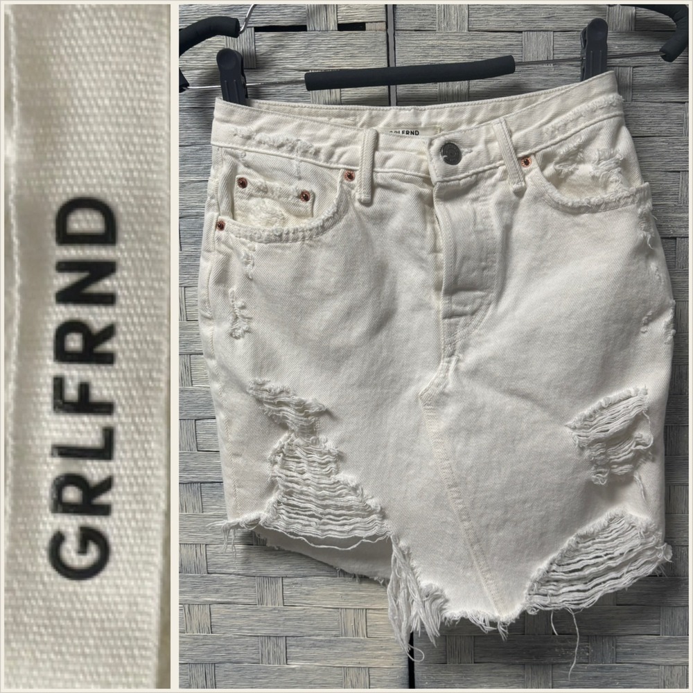 GRLFRND Rhoda White Denim Ripped Distressed‎ Mini Skirt Womens 24
